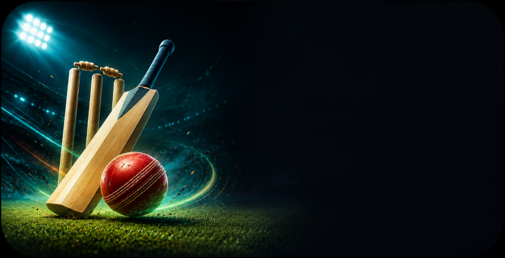 Cricket bat and ball under stadium lights on a glowing field.