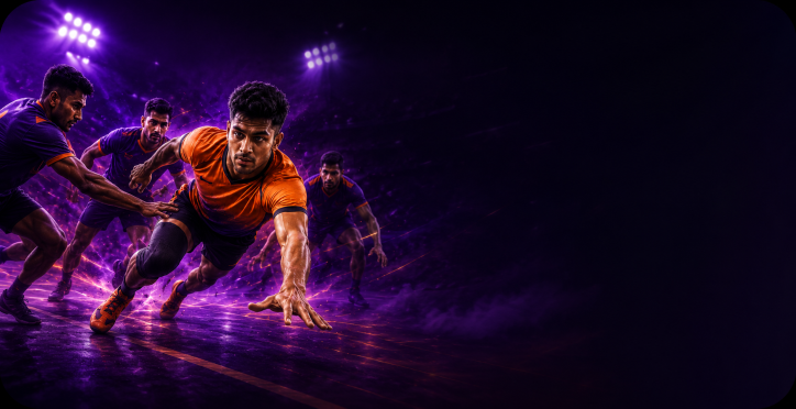 Kabaddi players in motion under purple stadium lights.